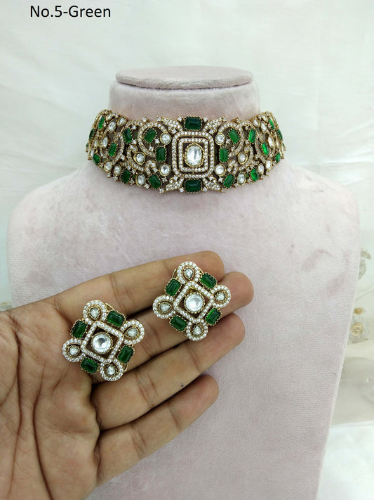 Moissanite Green choker Jewellery Set /Indian Kundan Choke Set/ Indian saniya Jewellery