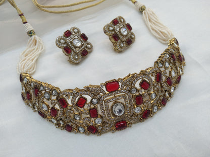 Moissanite Maroon choker Jewellery Set /Indian Kundan Choke Set/ Indian saniya Jewellery