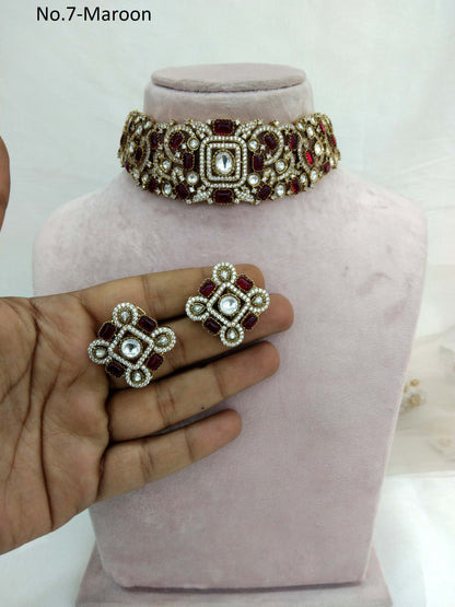 Moissanite Maroon choker Jewellery Set /Indian Kundan Choke Set/ Indian saniya Jewellery