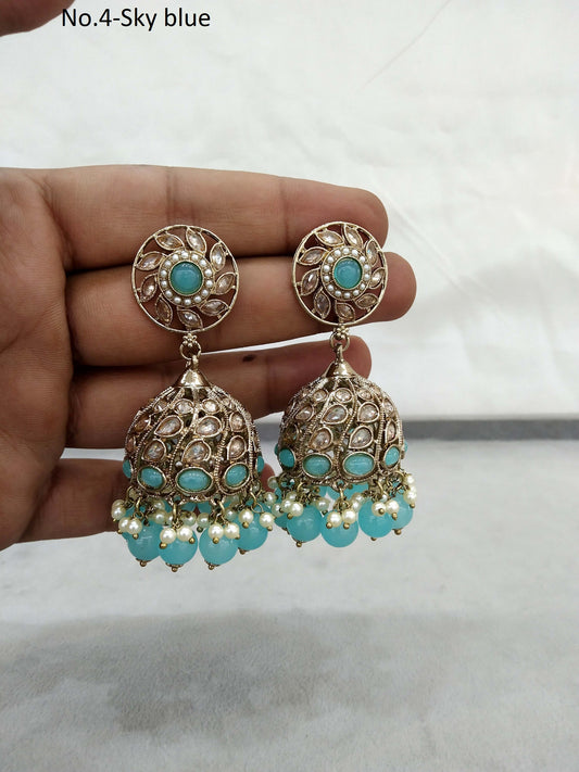 Antique Gold Indian sky Blue jhumka Earrings Jewellery/  Punjabi Jhumka Earrings  Suman Set