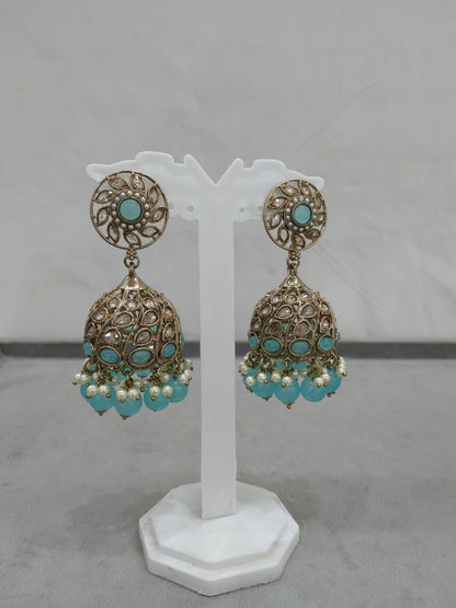 Antique Gold Indian sky Blue jhumka Earrings Jewellery/  Punjabi Jhumka Earrings  Suman Set