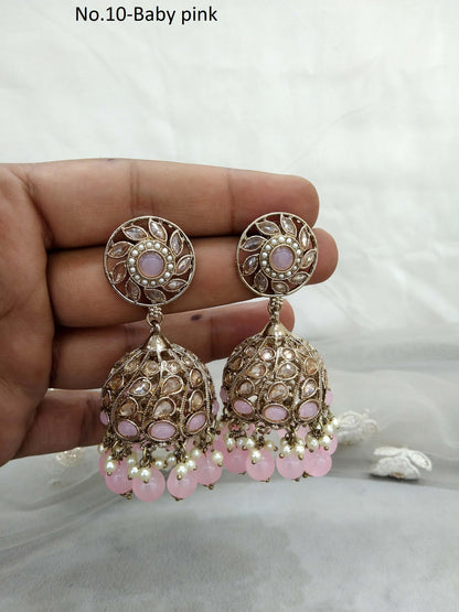 Antique Gold Indian Baby pink  jhumka Earrings Jewellery/  Punjabi Jhumka Earrings  Suman Set