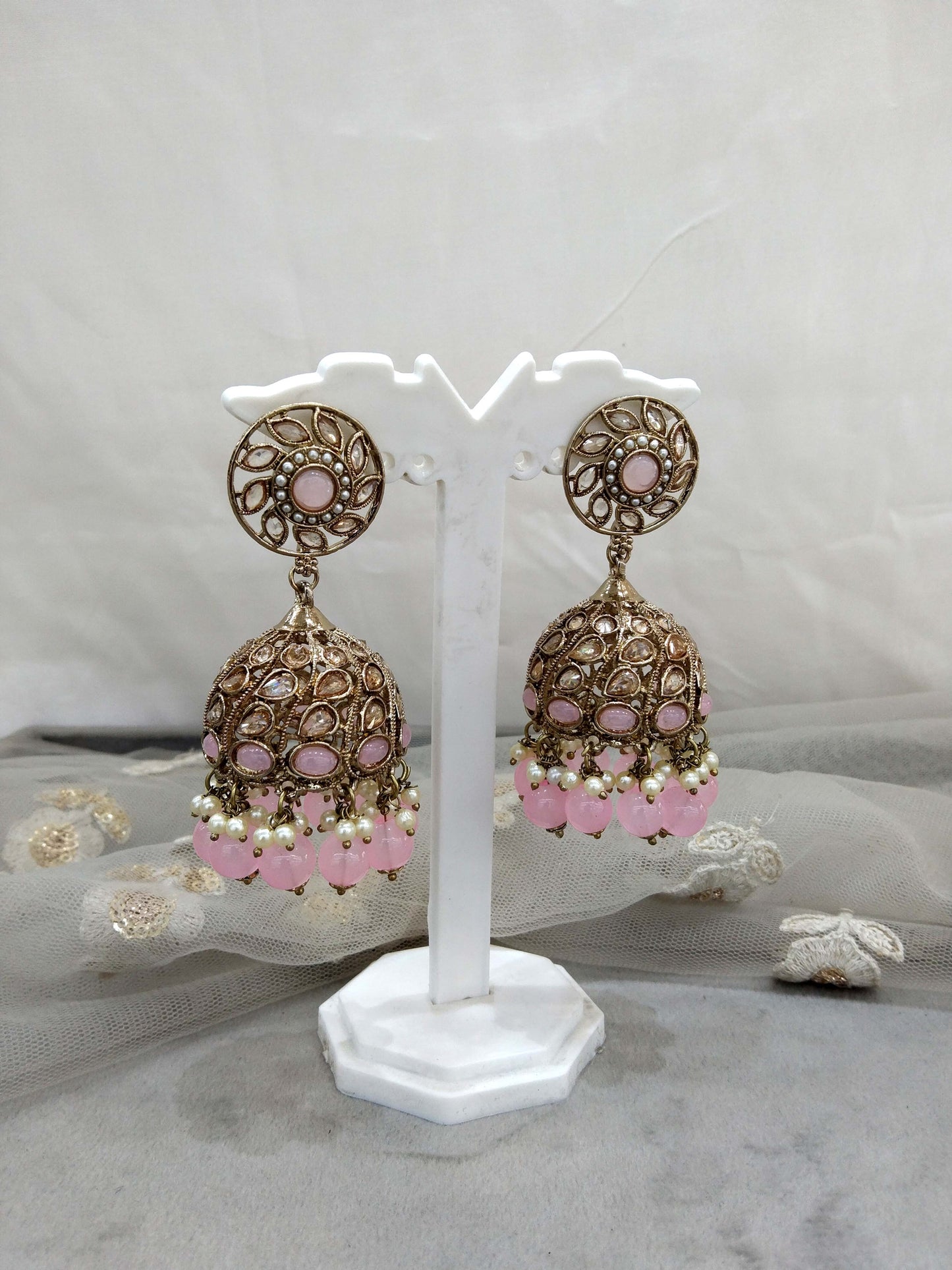 Antique Gold Indian Baby pink  jhumka Earrings Jewellery/  Punjabi Jhumka Earrings  Suman Set