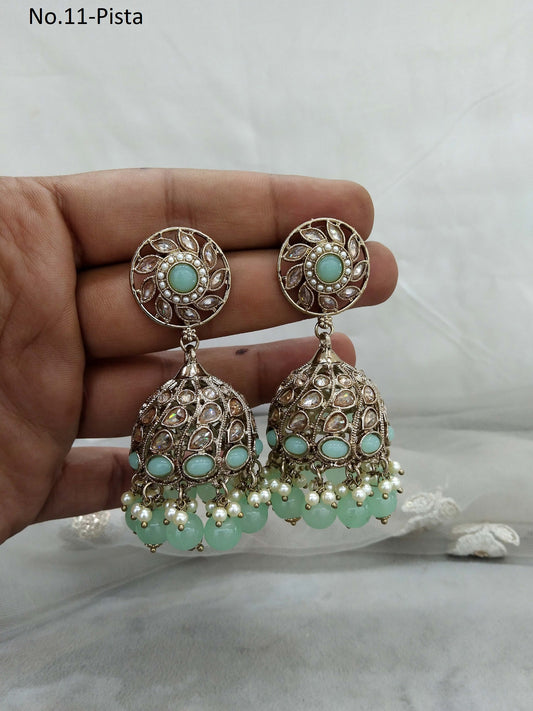 Antique Gold Indian pista  jhumka Earrings Jewellery/  Punjabi Jhumka Earrings  Suman Set