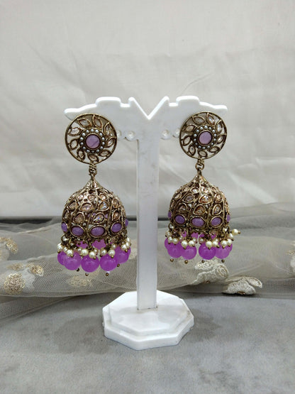 Antique Gold Lavender Indian jhumka Earrings Jewellery/  Punjabi Jhumka Earrings  Suman Set