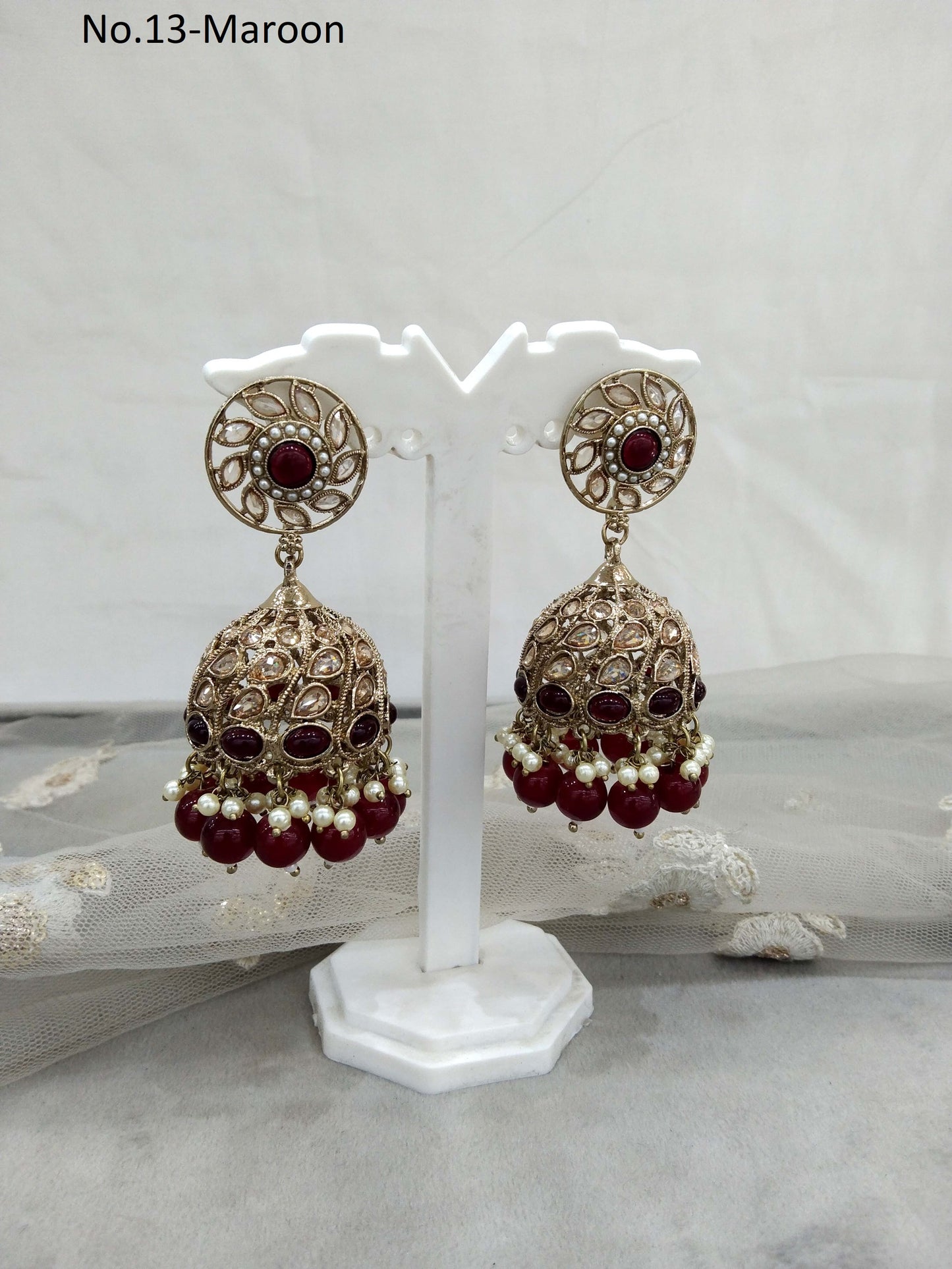 Antique Gold Maroon Indian jhumka Earrings Jewellery/  Punjabi Jhumka Earrings  Suman Set