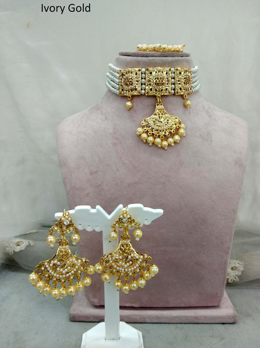 Jadau Gold Pearl Choker Necklace Set/Gold ivory Indian choker Set/Bollywood Punjabi Indian Jewellery/Muslim choker Set