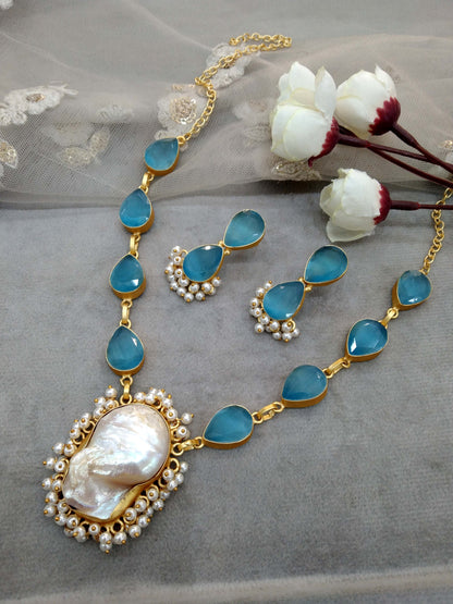 Gold Sky Blue western style uncut stone Necklace Set /Indian Necklace Set/ Indian sumu Jewellery (Copy)