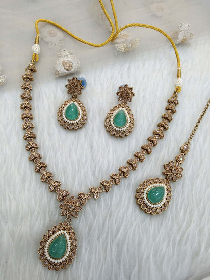 sea green indian jeweller Antique gold necklace set/ necklace Indian rishi jewellery set