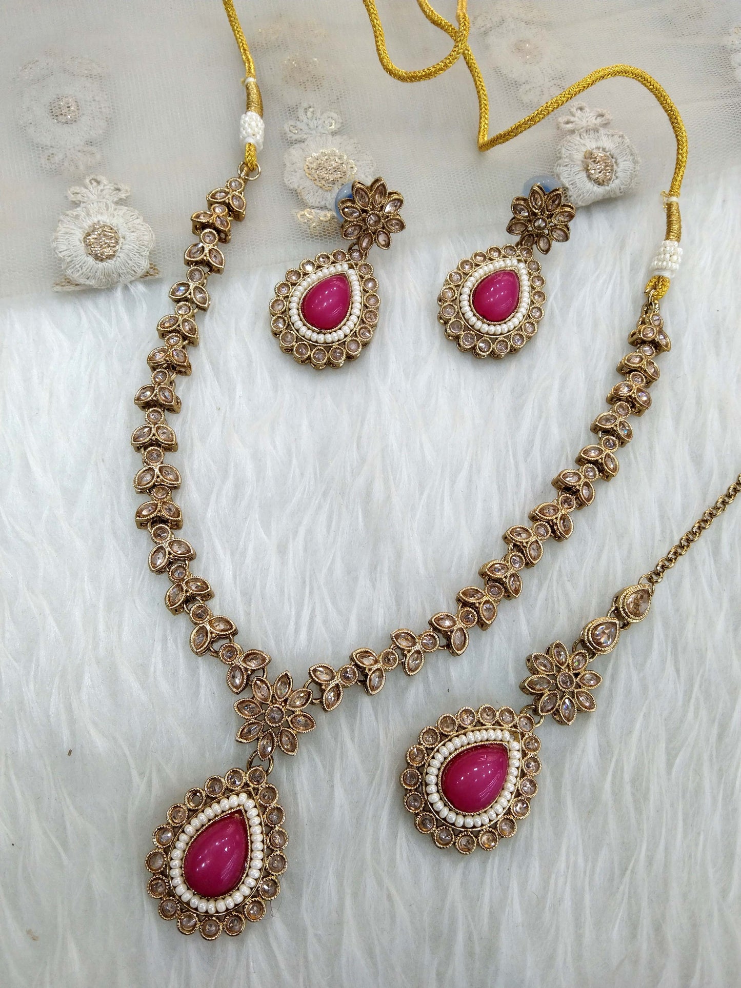 Rani pink  indian jeweller Antique gold necklace set/ necklace Indian rishi jewellery set