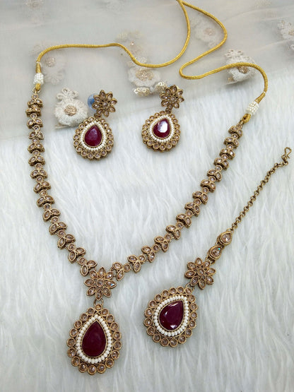 Maroon indian jeweller Antique gold necklace set/ necklace Indian rishi jewellery set