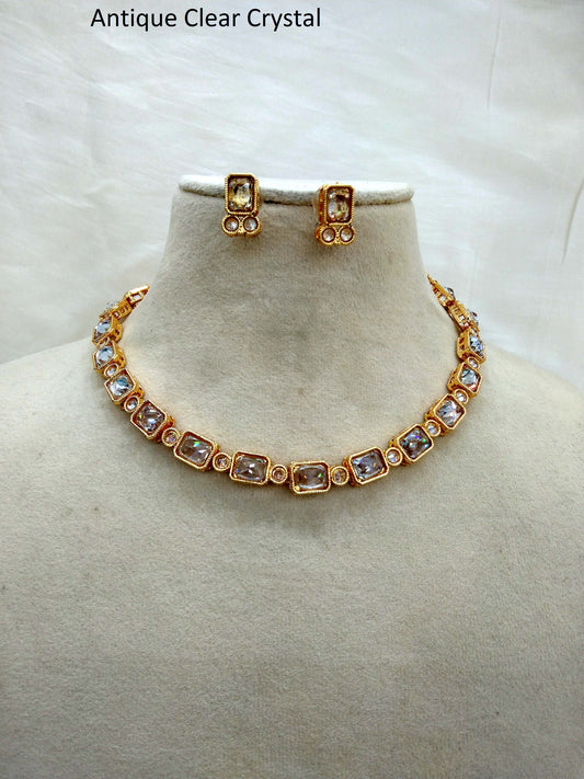 Antique clear crystal Necklace Jewellery Set/gold  Indian Bridal  Wedding pooja Jewellery