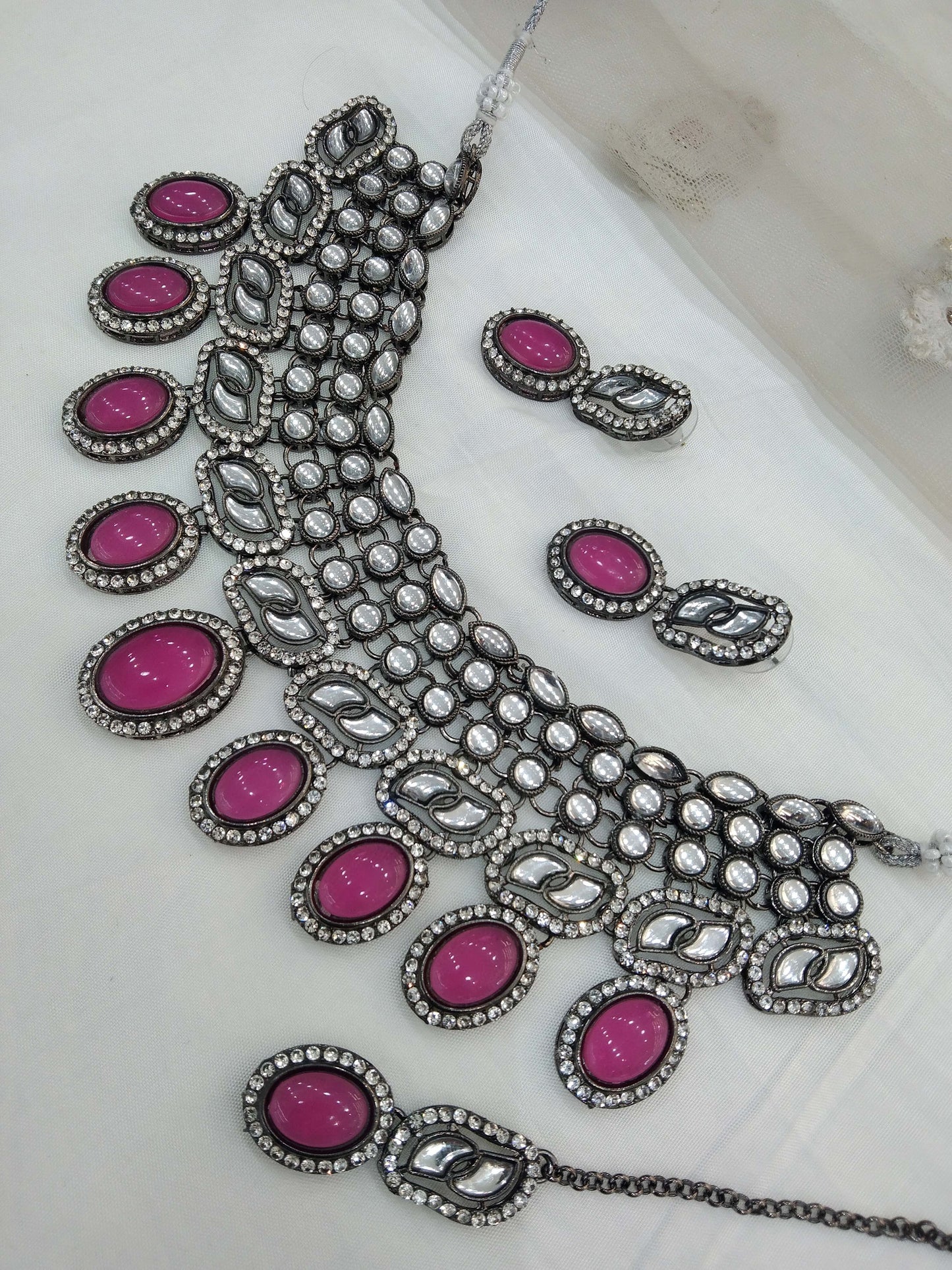 Oxidized silver pink kundan necklace Set/ antique silver tribal Indian bridal shelf Jewellery