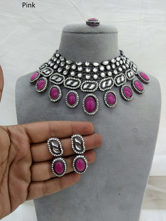 Oxidized silver pink kundan necklace Set/ antique silver tribal Indian bridal shelf Jewellery