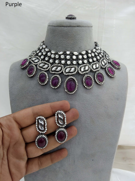 Oxidized silver purple kundan necklace Set/ antique silver tribal Indian bridal shelf Jewellery