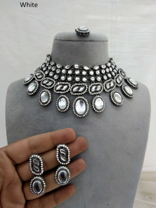 Oxidized silver white kundan necklace Set/ antique silver tribal Indian bridal shelf Jewellery