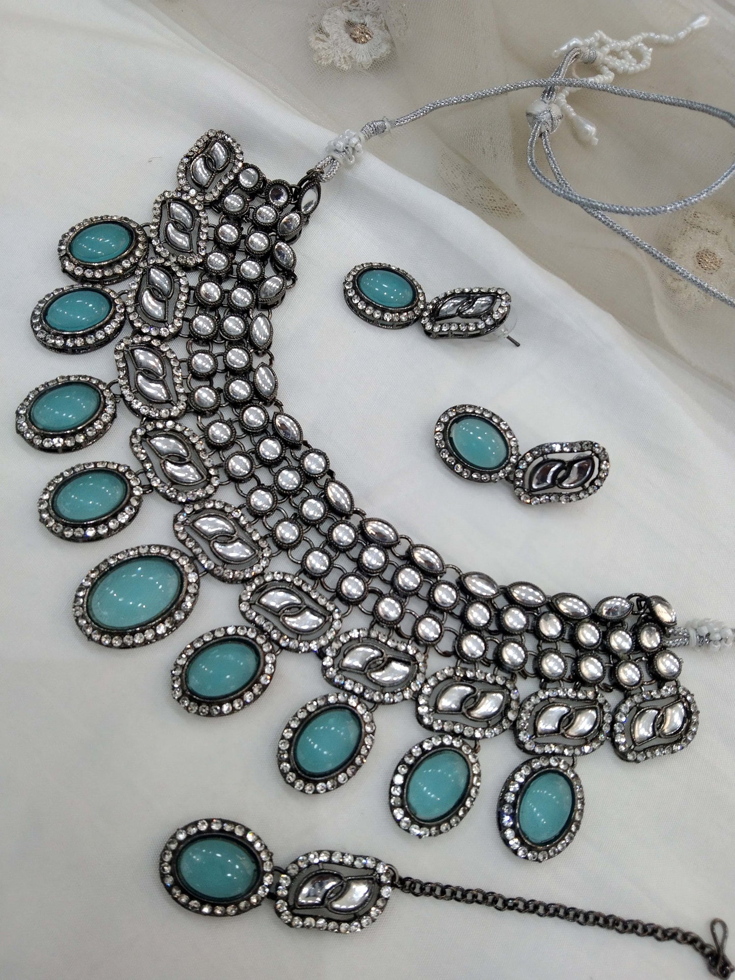 Oxidized silver sky blue  kundan necklace Set/ antique silver tribal Indian bridal shelf Jewellery