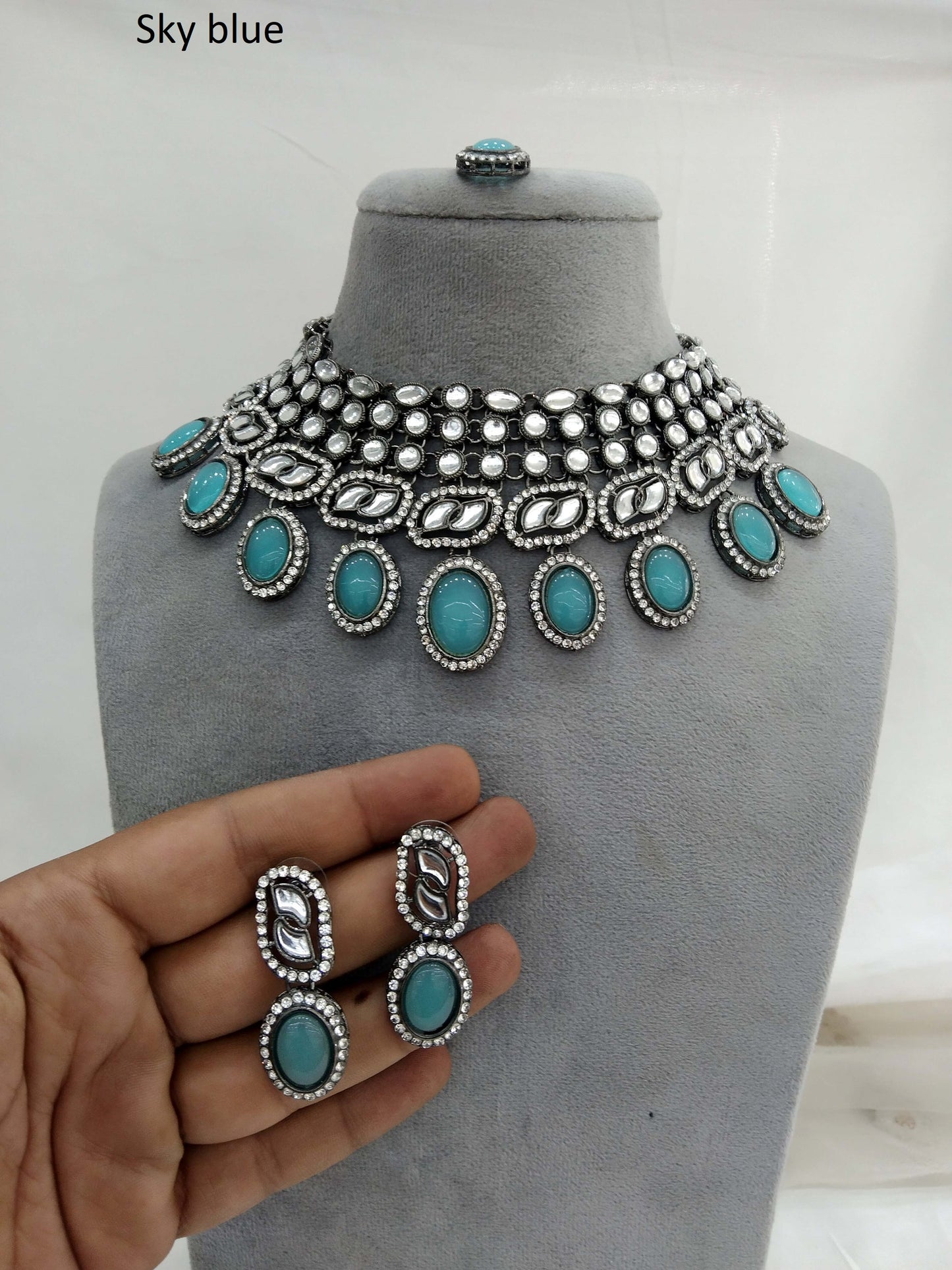 Oxidized silver sky blue  kundan necklace Set/ antique silver tribal Indian bridal shelf Jewellery