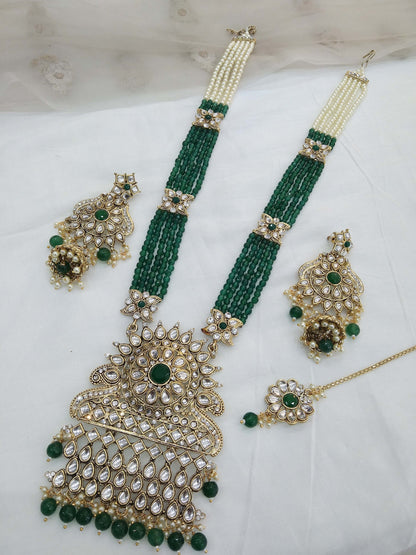 Green Rani Haar Kundan long Necklace Set/Gold  Indian Necklace Set/ Indian kundan Jewellery/Muslim Long Necklace Set