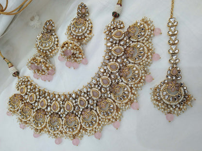 Indian Jewelry/ Gold Baby pink Kundan necklace Set Indian gold Harris Necklace