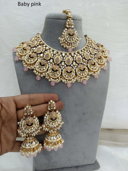 Indian Jewelry/ Gold Baby pink Kundan necklace Set Indian gold Harris Necklace