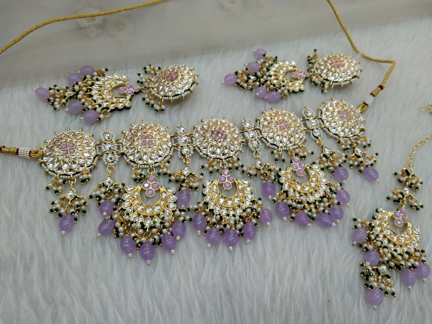 Indian Jewellery/ Gold Lavender Bridal Kundan necklace Set Indian Eric Bridal Jewellery  kundan Necklace set