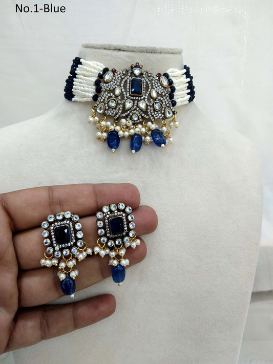 Moissanite kundan Gold Blue choker Indian Jewellery jassi Wedding Set