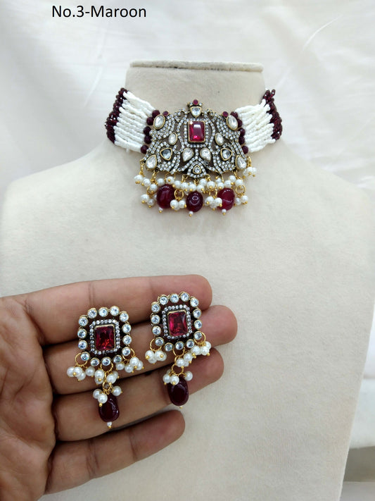 Indian kundan Jewellery Gold Maroon choker Indian Jewellery jassi Wedding Set