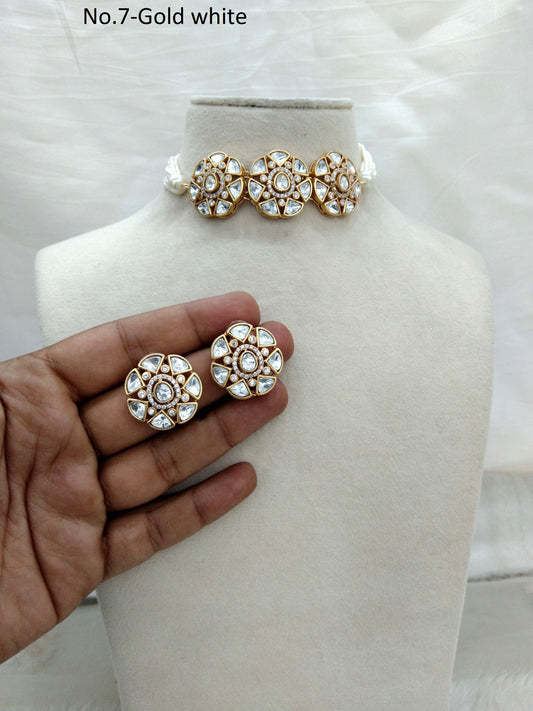 Indian kundan Jewellery Gold white choker Indian Jewellery jassi Wedding Set