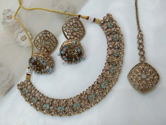 Antique Gold pista pink Necklace Set/ Dark Gold Indian Bridal Niti Jewellery Online