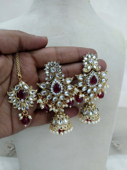 Indian Earrings tikka Jewellery/gold Maroon  Earrings tikka set/ bollywood Earrings meenaSet