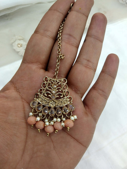 Antique Gold Peach polki Tika Tikka Jewellery Indian Headpiece Tikka Jewellery