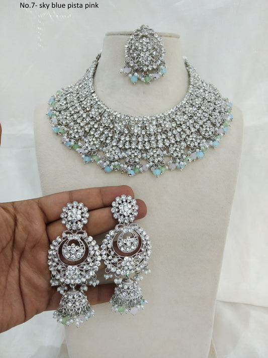 Silver Pink, light green, light blue Necklace Set/ Indian Bridal perm Jewellery