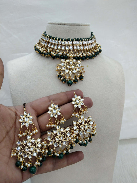 Green Kundan Jewellery Choker Necklace Set/ Tiska Kundan Online Set