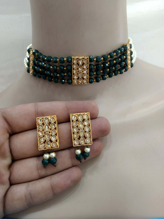 Green Kundan Jewellery Choker Set/ Tiska Kundan Online Set