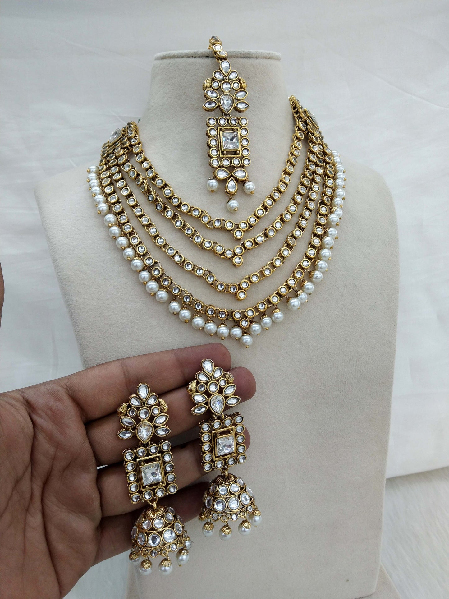 Indian Jewellery/ Gold  white Semi Bridal Kundan necklace Set Indian livingston set