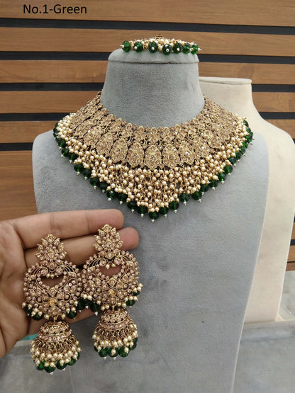 Indian Jewellery/Semi bridal gold Green jewellery necklace shallu set