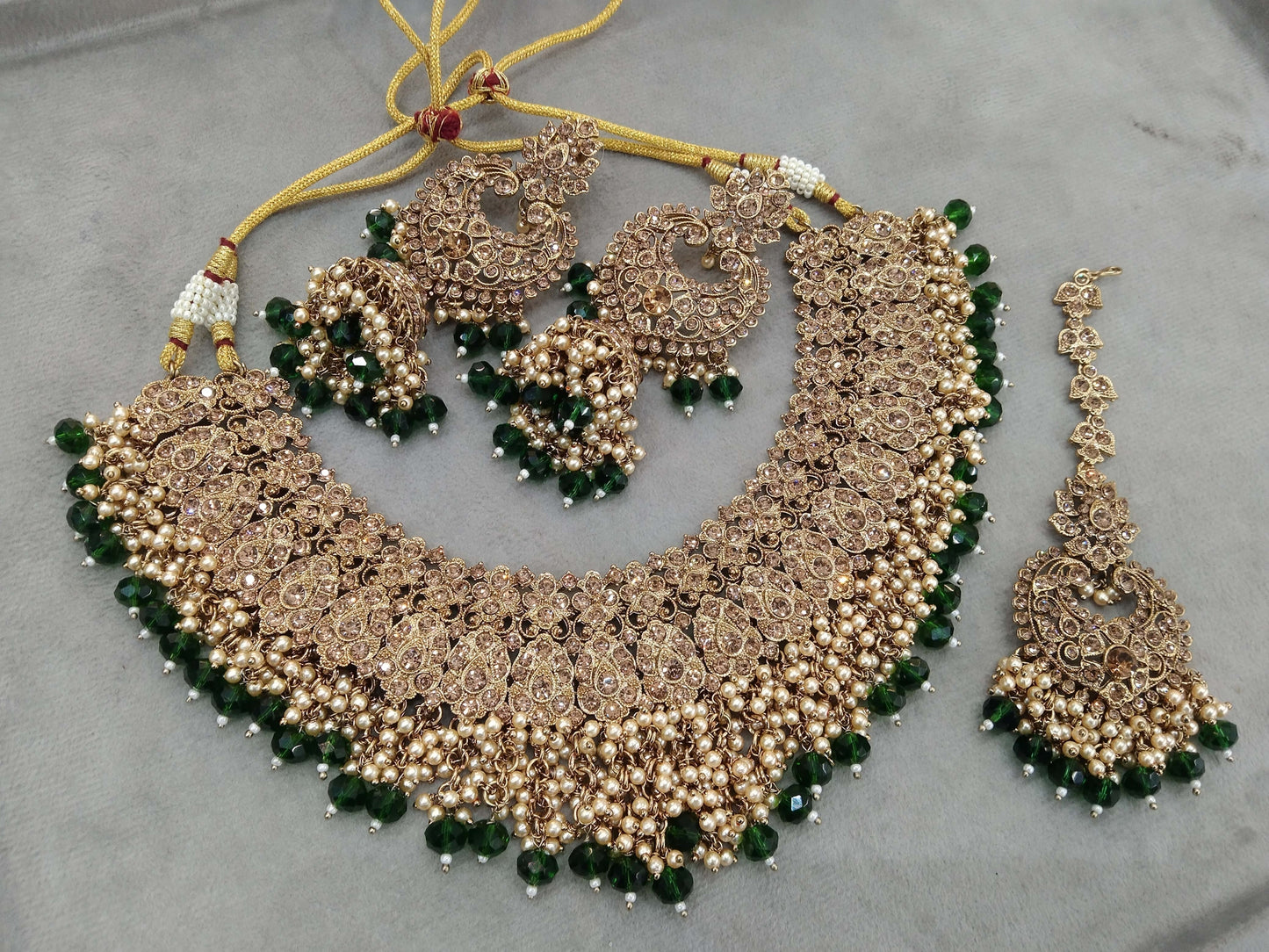 Indian Jewellery/Semi bridal gold Green jewellery necklace shallu set