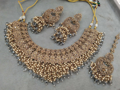 Indian Jewellery/Semi bridal gold Grey  jewellery necklace shallu set