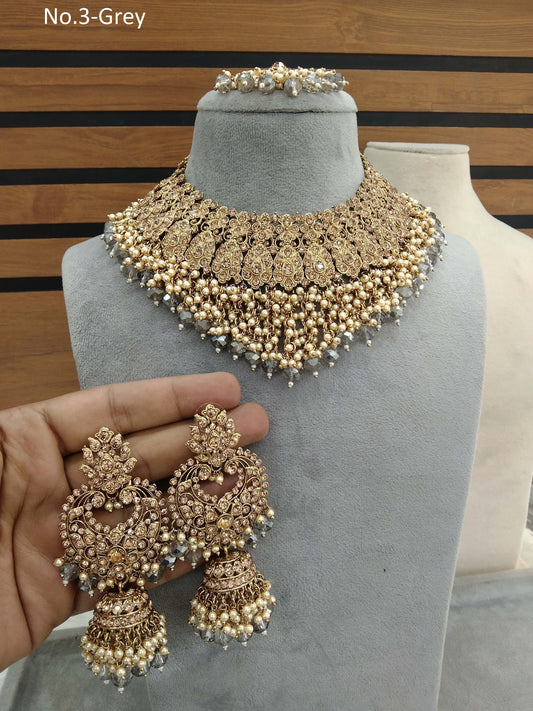 Indian Jewellery/Semi bridal gold Grey  jewellery necklace shallu set