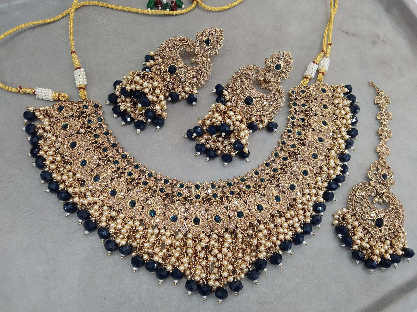 Indian Jewellery/Semi bridal gold Navy blue  jewellery necklace shallu set