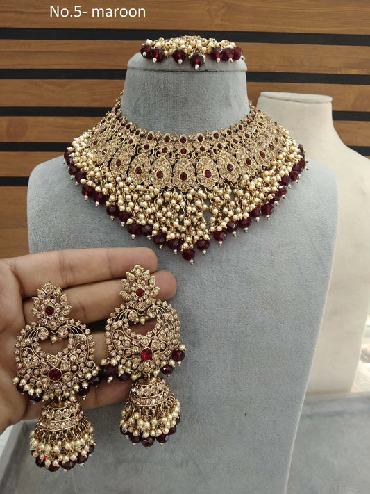 Indian Jewellery/Semi Bridal Gold Maroon  Jewellery Necklace Shallu Set