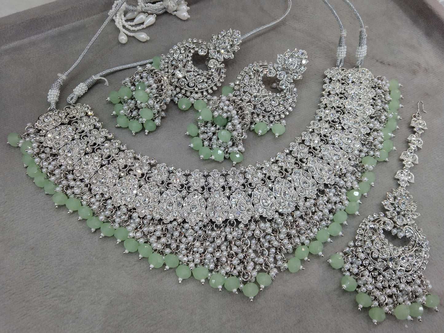 Indian Jewellery/Semi Bridal Silver Pista  Jewellery Necklace Shallu Set