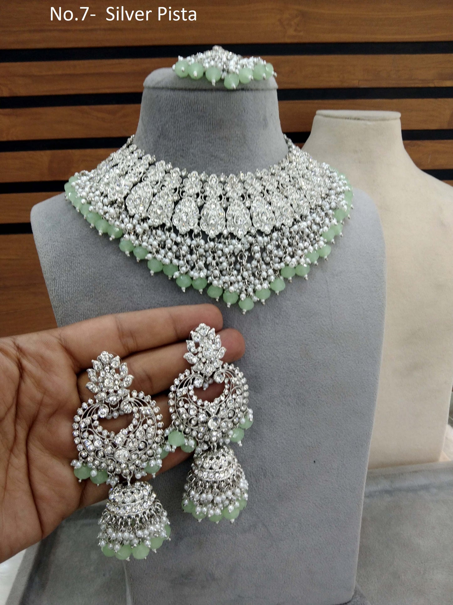 Indian Jewellery/Semi Bridal Silver Pista  Jewellery Necklace Shallu Set