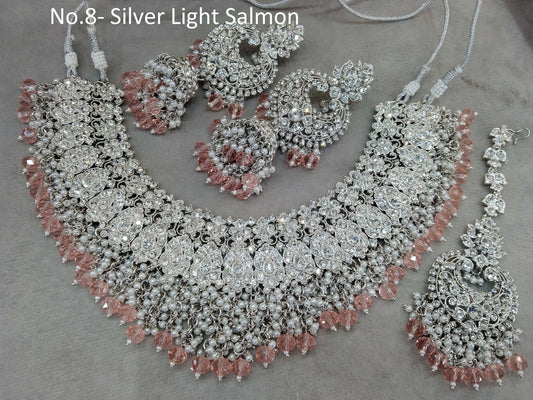 Indian Jewellery/Semi Bridal Silver Light Salmon  Jewellery Necklace Shallu Set