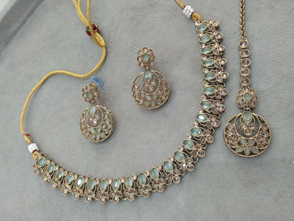 Antique Gold Pastel Green Necklace Set Indian Bridal Eshani Jewellery Online