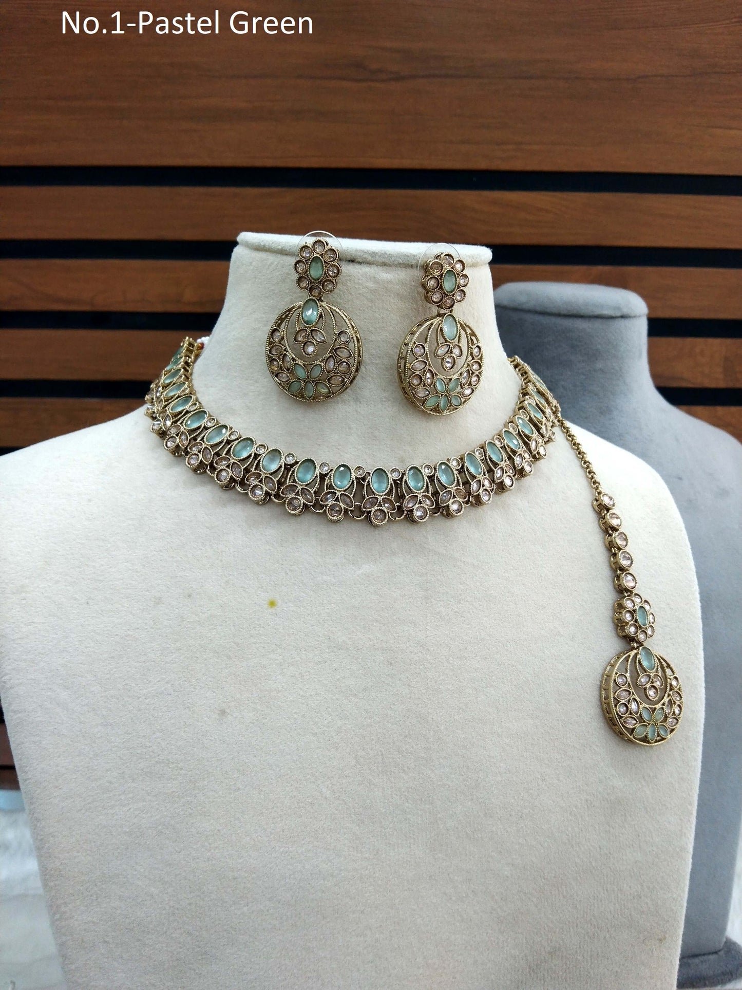 Antique Gold Pastel Green Necklace Set Indian Bridal Eshani Jewellery Online