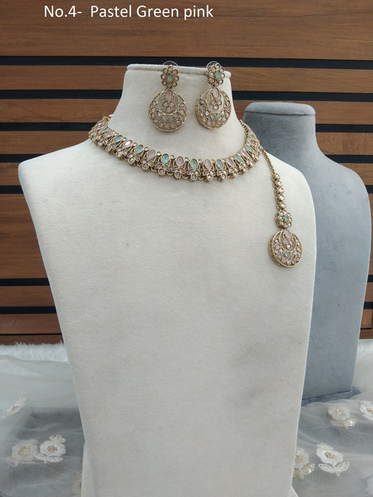 Antique Gold Pastel Green Pink Necklace Set Indian Bridal Eshani Jewellery Online