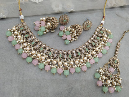 Antique Gold Pista Pink Necklace Set Indian Bridal Anika Jewellery Online