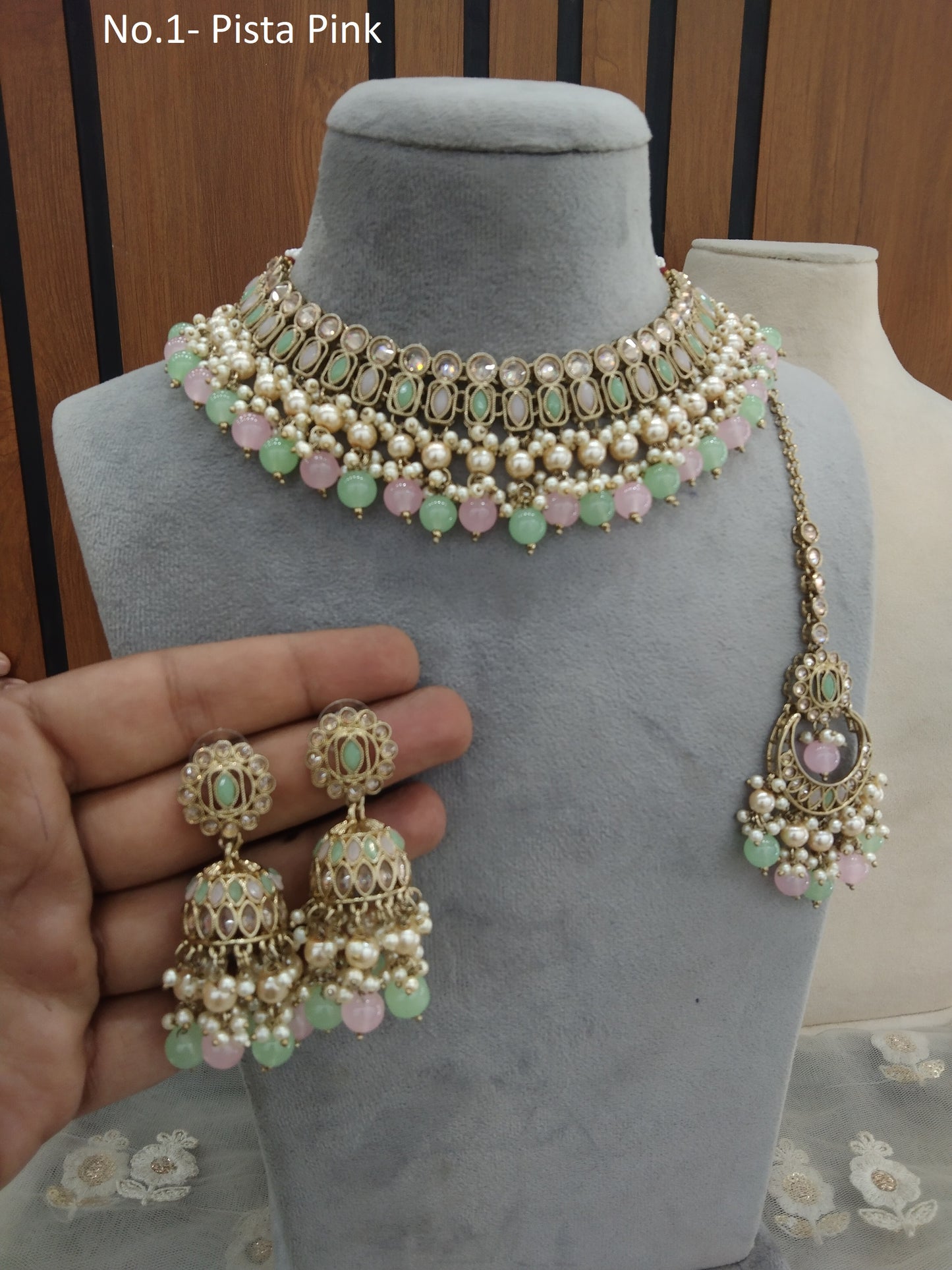 Antique Gold Pista Pink Necklace Set Indian Bridal Anika Jewellery Online